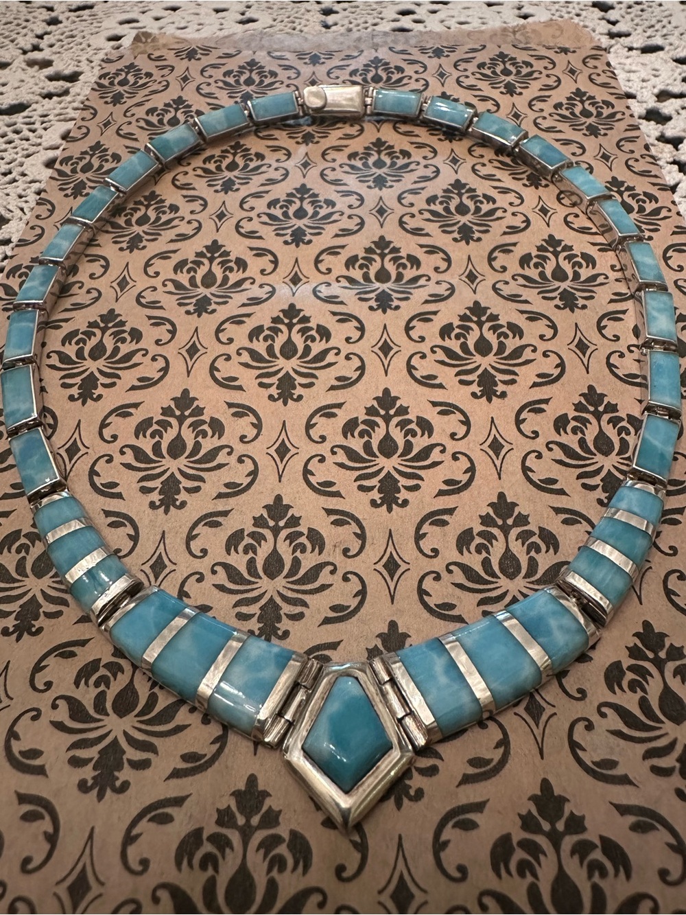 Vintage Taxco TD-98 Mexican 950 Sterling w/Larimar Inlay Necklace - 16.5” ❤️